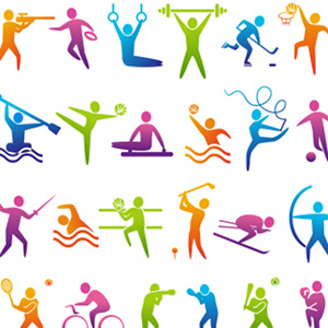 Set of sports icons: basketball, soccer, hockey, tennis, skiing, boxing, wrestling, cycling, golf, baseball, gymnastics, shooting, rugby, gymnastics, American football, power lifting, kayaking, canoeing, barbell, weightlifting, water polo, archery, fencing, swimming, volleyball, Olympics. Vector illustration